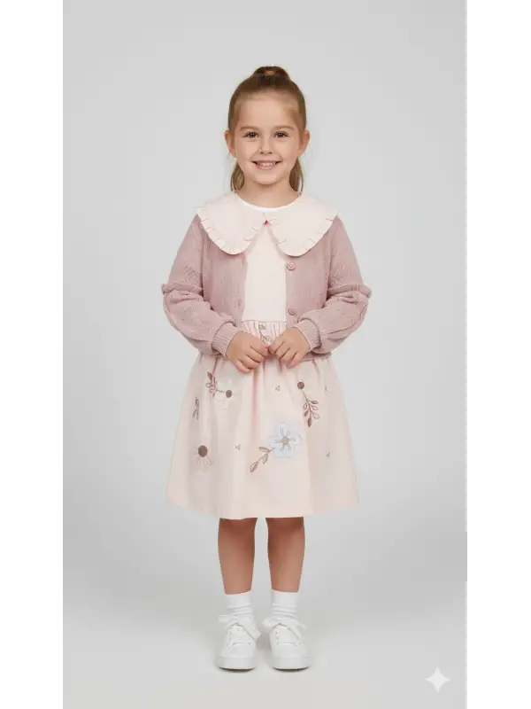 4-7 Yaş Pembe Çiçekli Hırkalı Elbise