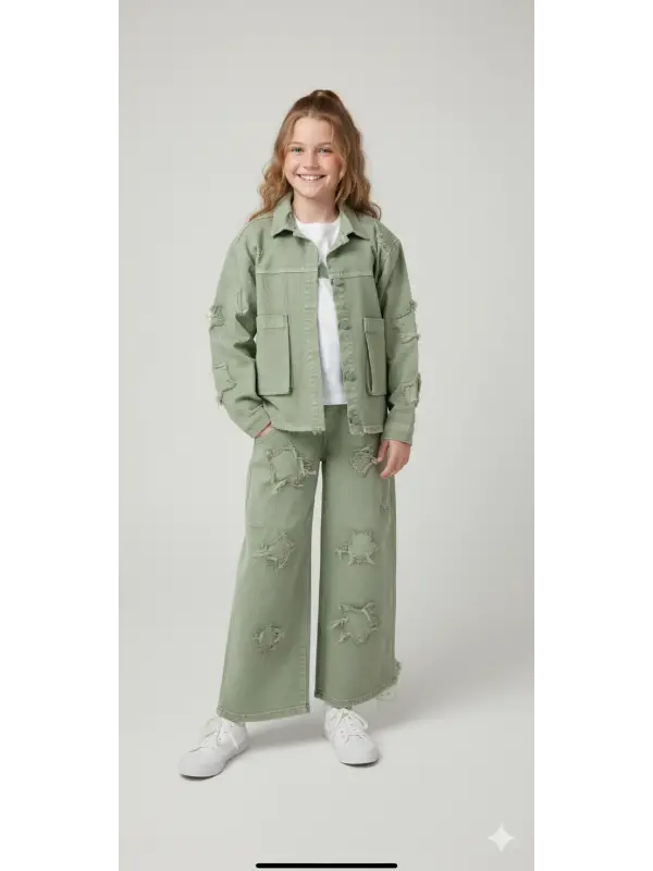 10-13 Yaş Yeşil Düğmeli Ceketli 3lü Takım