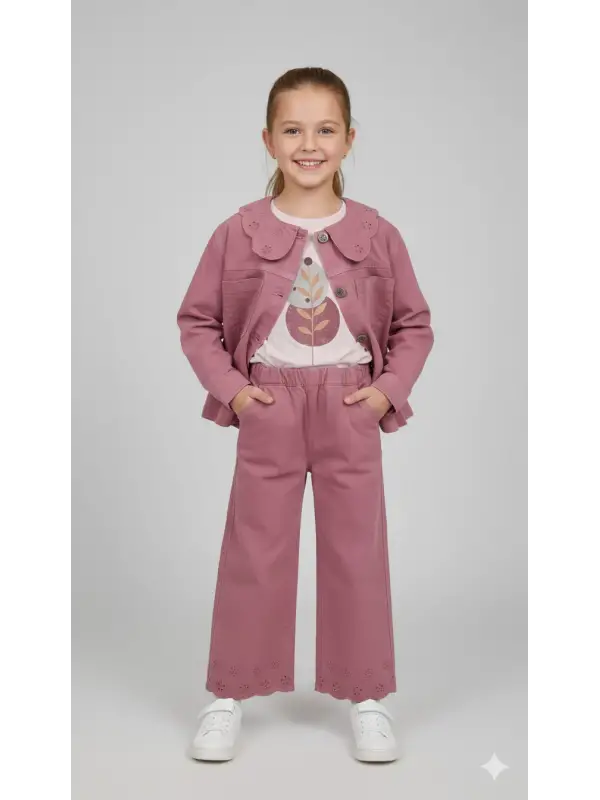 7-11 Yaş Mürdüm Brode Yaka Gabardin 3lü Takım