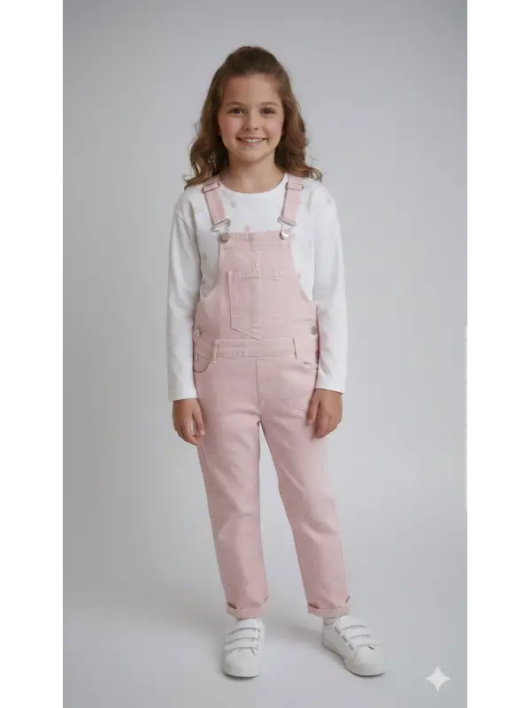 6-9 Yaş Pembe Yıldızlı Badili Kot Tulum