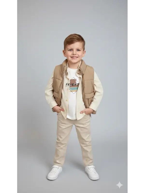 2-6 Yaş Bej Şişme Yelekli Gömlekli Takım