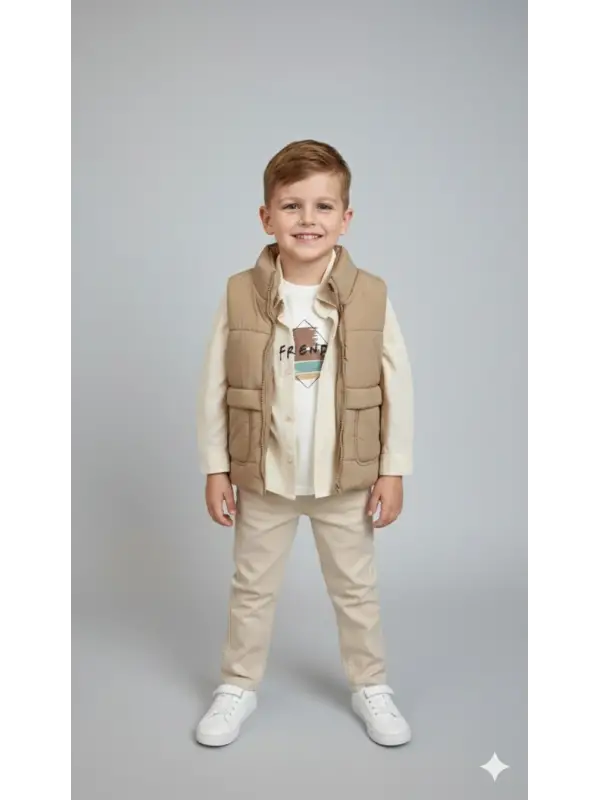 2-6 Yaş Bej Şişme Yelekli Gömlekli Takım