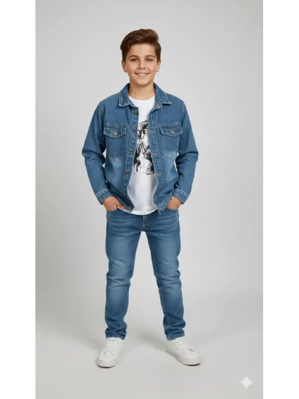 10-13 Yaş Açık Kot Gömlekli 3lü Takım