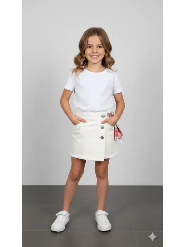 5-8 Yaş Beyaz Fularlı Şort Etek