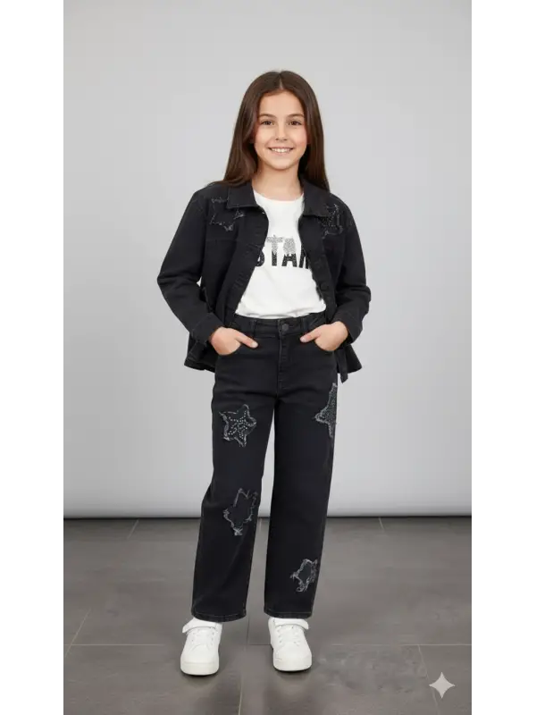 10-13 Yaş Siyah Yıldızlı Kot 3lü Takım