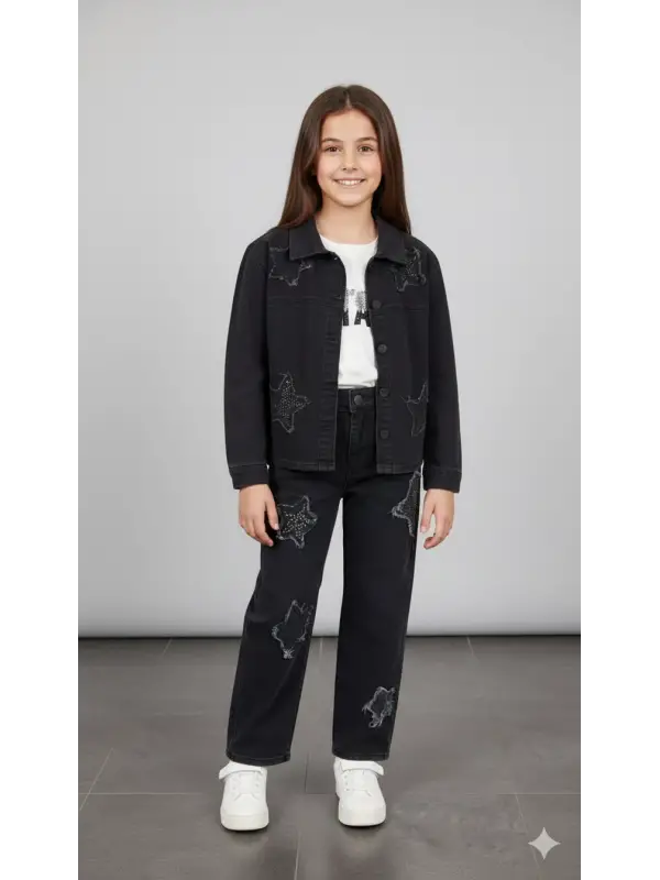 10-13 Yaş Siyah Yıldızlı Kot 3lü Takım