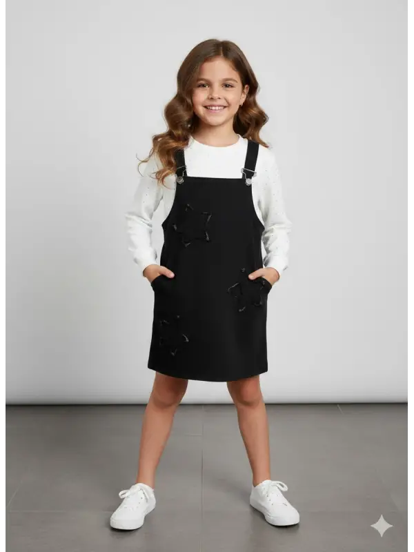 7-10 Yaş Badili Siyah Yıldızlı Taşlı Salopet Elbise