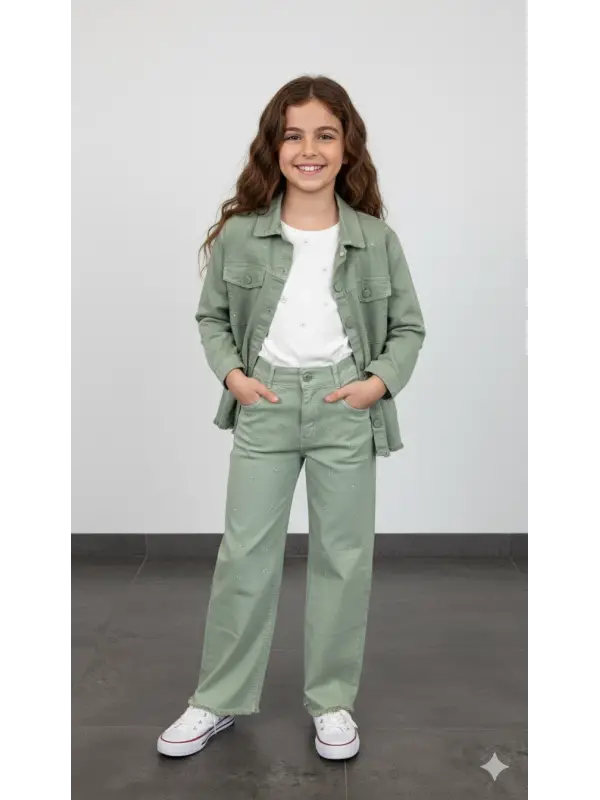 10-13 Yaş Yeşil Taşlı Kot 3lü Takım