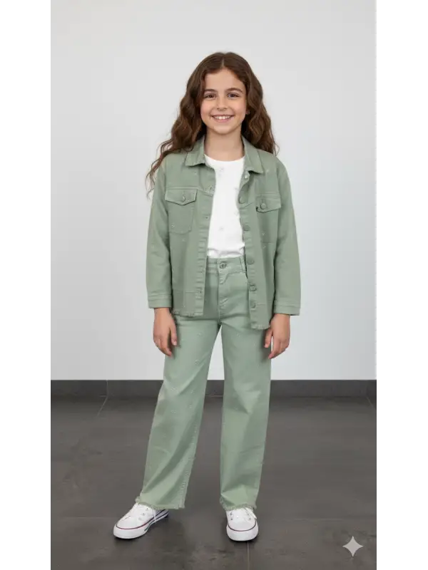 10-13 Yaş Yeşil Taşlı Kot 3lü Takım