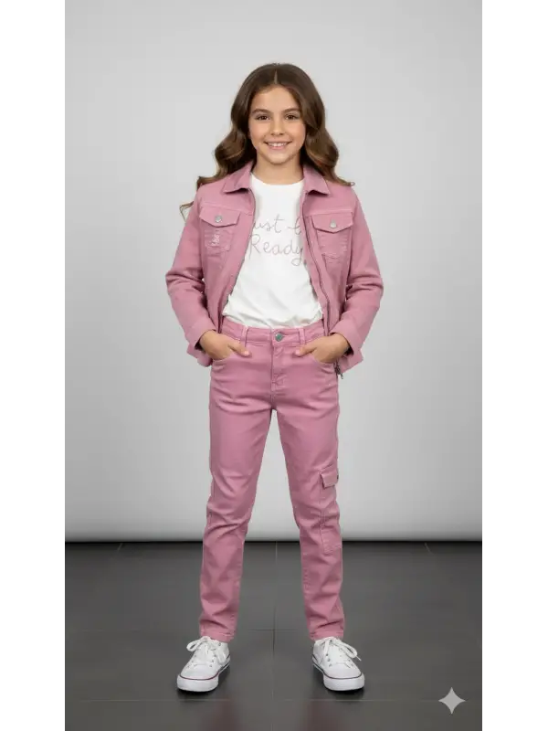 9-14 Yaş Pembe Cep Detaylı 3lü Takım