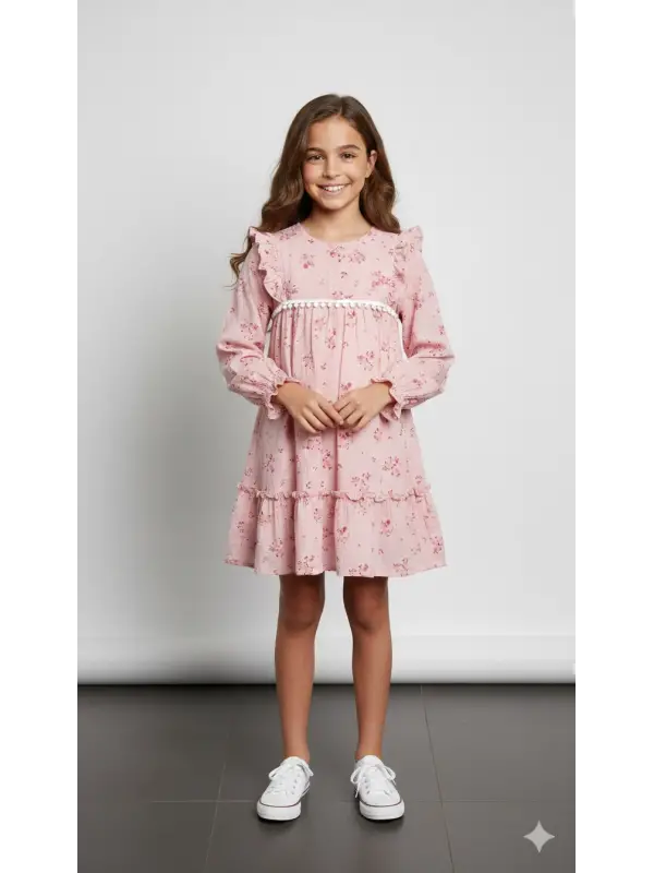 6-13 Yaş Pembe Çiçekli Elbise