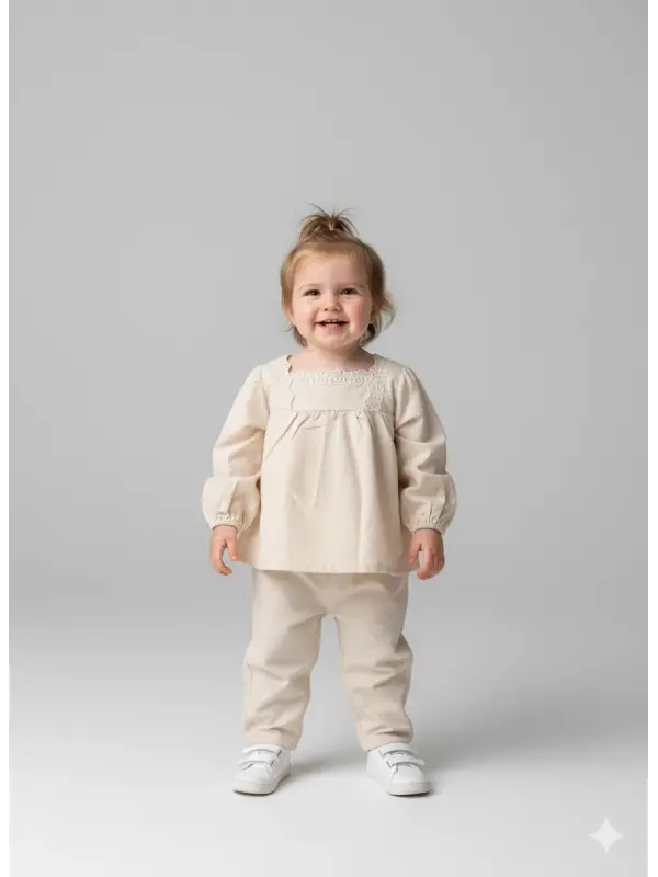 6-24 Ay Yaka Detaylı Krem 2li Takım