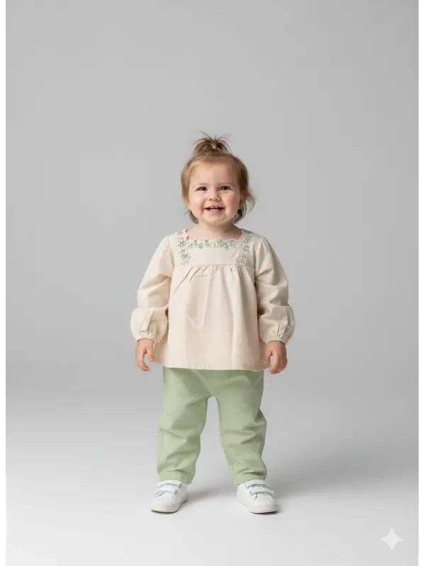 6-24 Ay Yeşil Çiçek İşlemeli 2li Takım