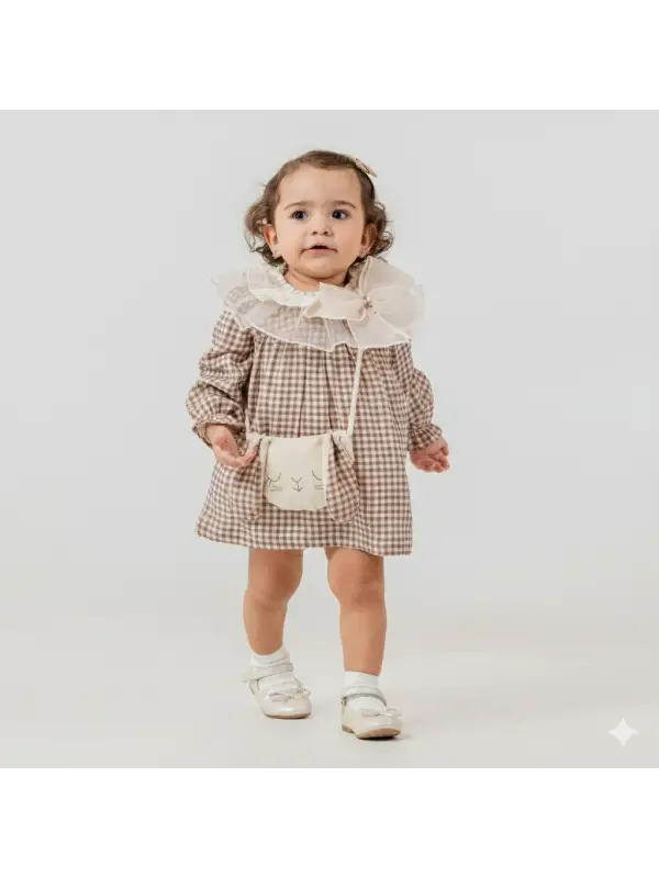 6-24 Ay Tavşan Çantalı Pembe Kareli Elbise