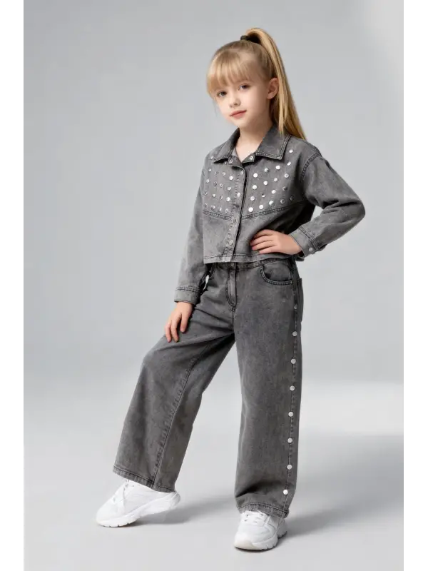 7-11 Yaş Kot Füme Zımbalı Ceket Pantolon Takım