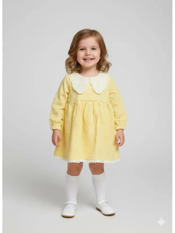 6-36 Ay Sarı Dantelli Bebe Yaka Elbise