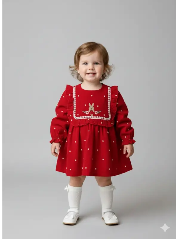 6-24 Ay Kırmızı Puantiyeli Tavşanlı Elbise