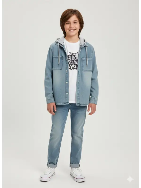 10-13 Yaş Kapşonlu Kot Ceketli 3lü Takım