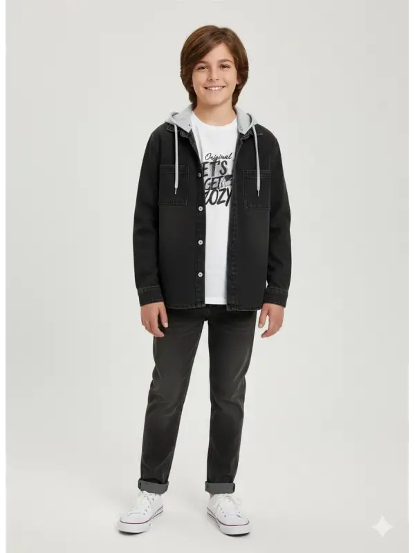 10-13 Yaş Kapşonlu Siyah Kot Ceketli 3lü Takım