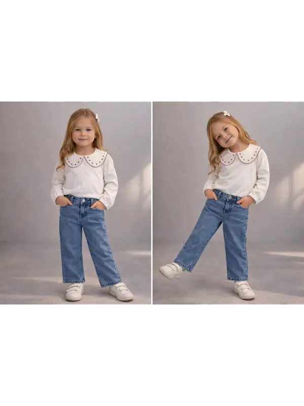 2-5 Yaş Yaka Çiçekli Gömlek Kot 2li Takım