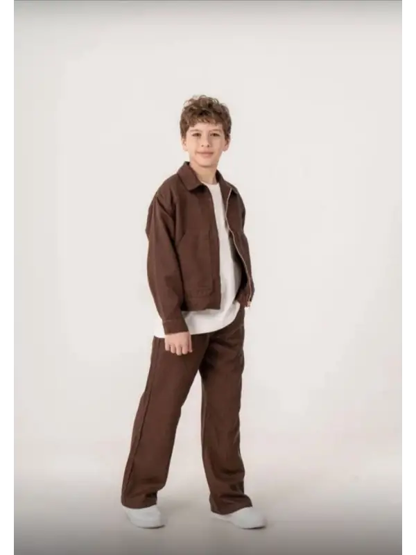 10-15 Yaş Kahverengi Bel Paça Lastikli Kargo Pantolon