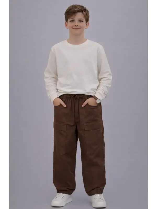 10-15 Yaş Kahverengi Bel Paça Lastikli Kargo Pantolon