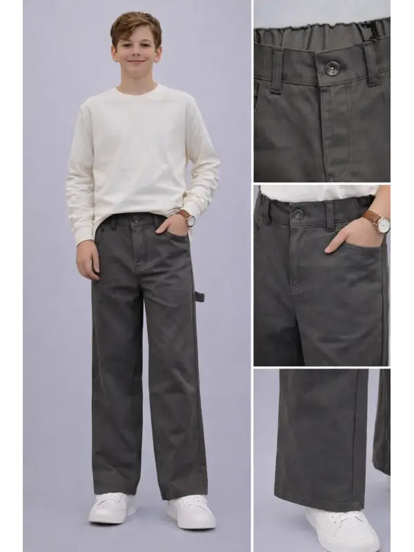 10-15 Yaş Antrasit Bel Düğmeli Cep Detay Pantolon