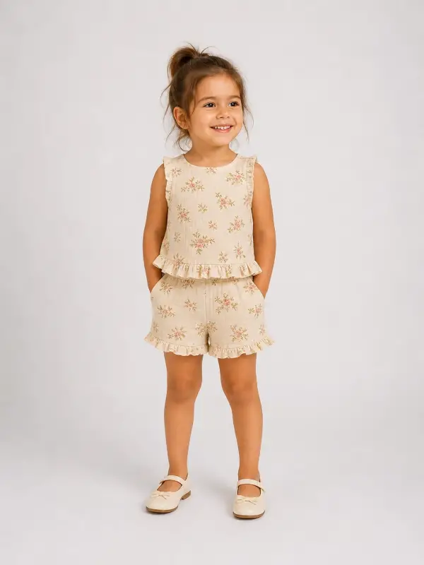 3-8 Yaş Müslin Çiçekli Şortlu Takım