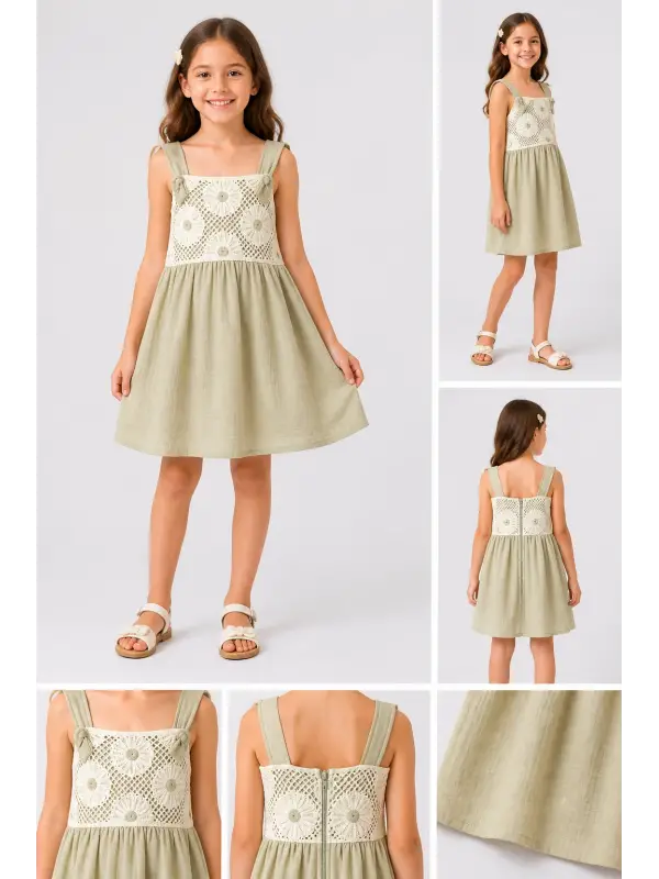 5-9 Yaş Mint Papatyalı Elbise