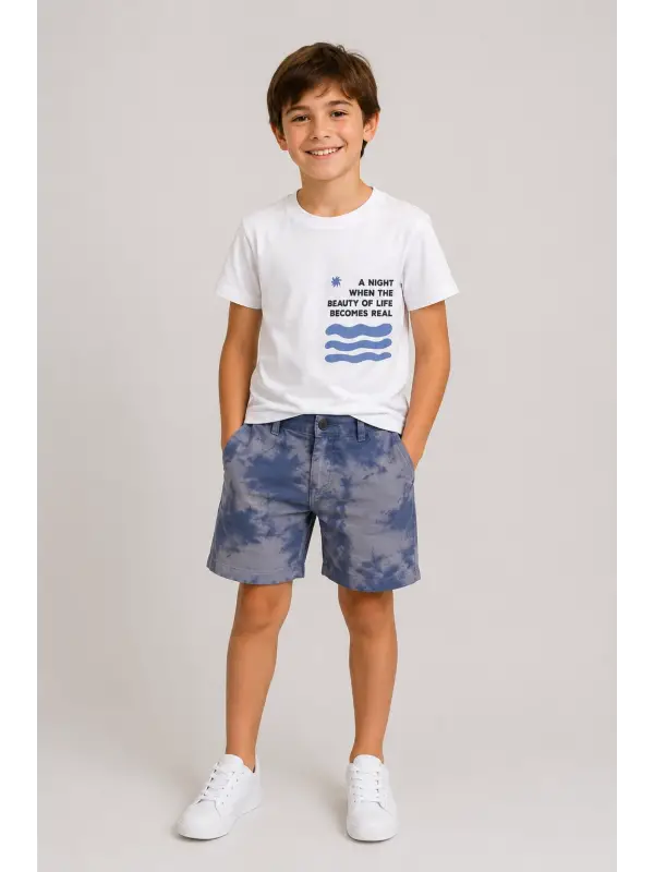 7-13 Yaş Mavi Batik Şortlu Takım