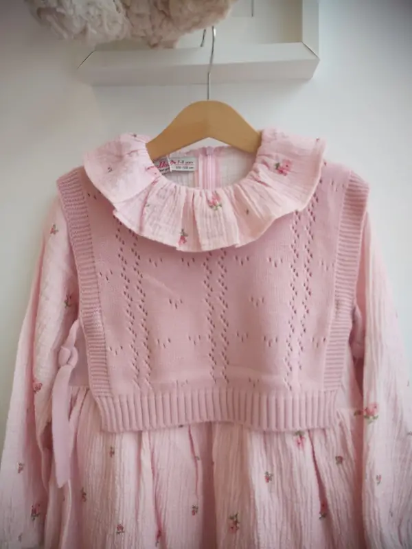 7-10 Yaş Pembe Fırfırlı Triko Süveterli Elbise