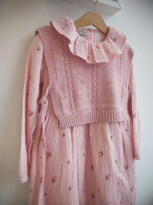 7-10 Yaş Pembe Fırfırlı Triko Süveterli Elbise