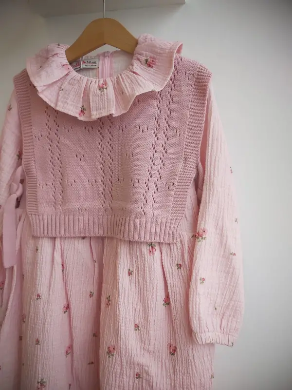 7-10 Yaş Pembe Fırfırlı Triko Süveterli Elbise