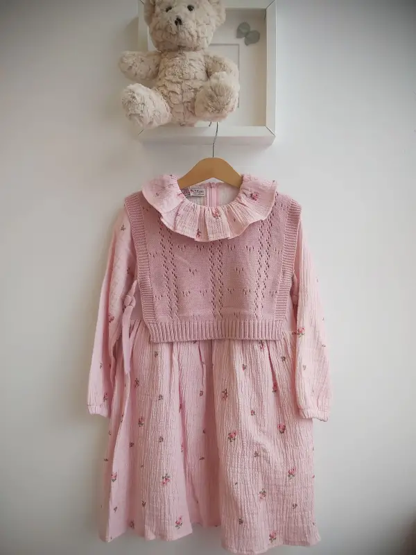 7-10 Yaş Pembe Fırfırlı Triko Süveterli Elbise