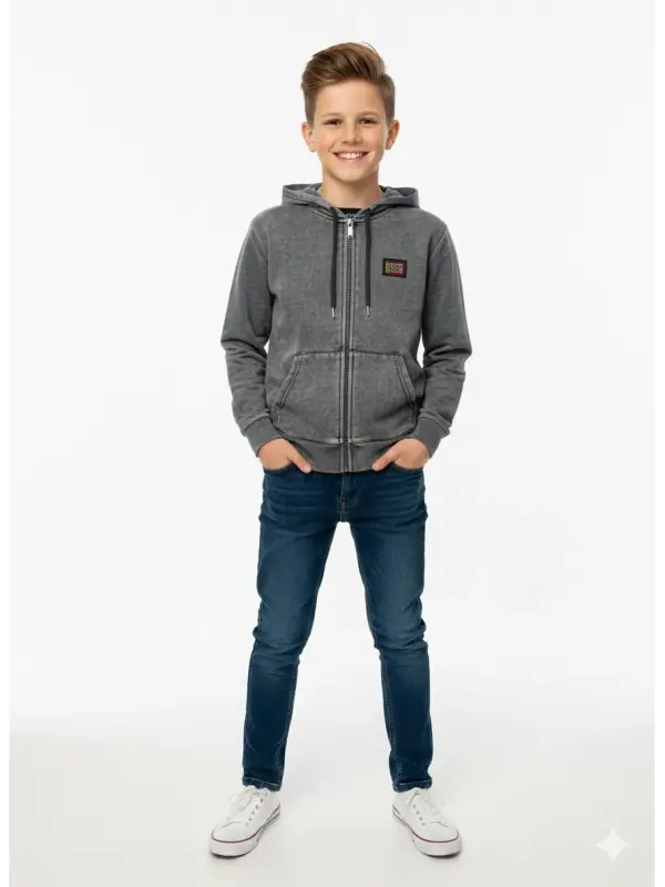 8-16 Yaş Antrasit Eskitme Şardonlu Hırka