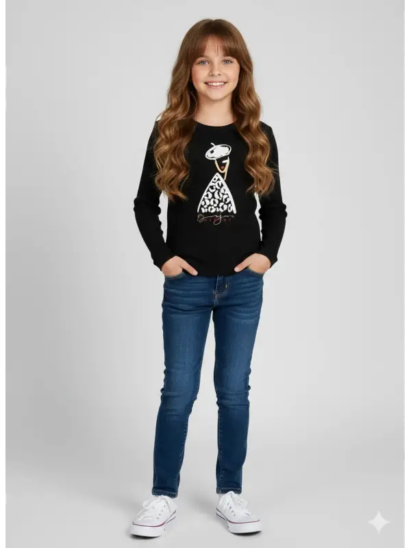 9-14 Yaş Siyah Leopar Detaylı Bluz