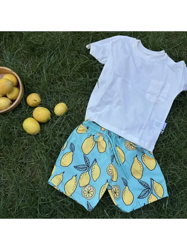 9-15 Yaş Limon Baskılı Deniz Şortlu Tişört Takım