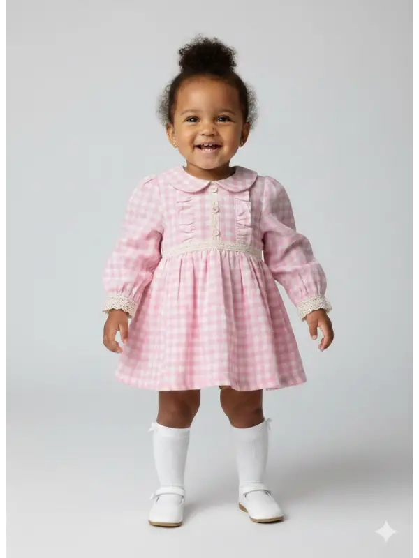 9-24 Ay Ekose Desenli Pembe Elbise