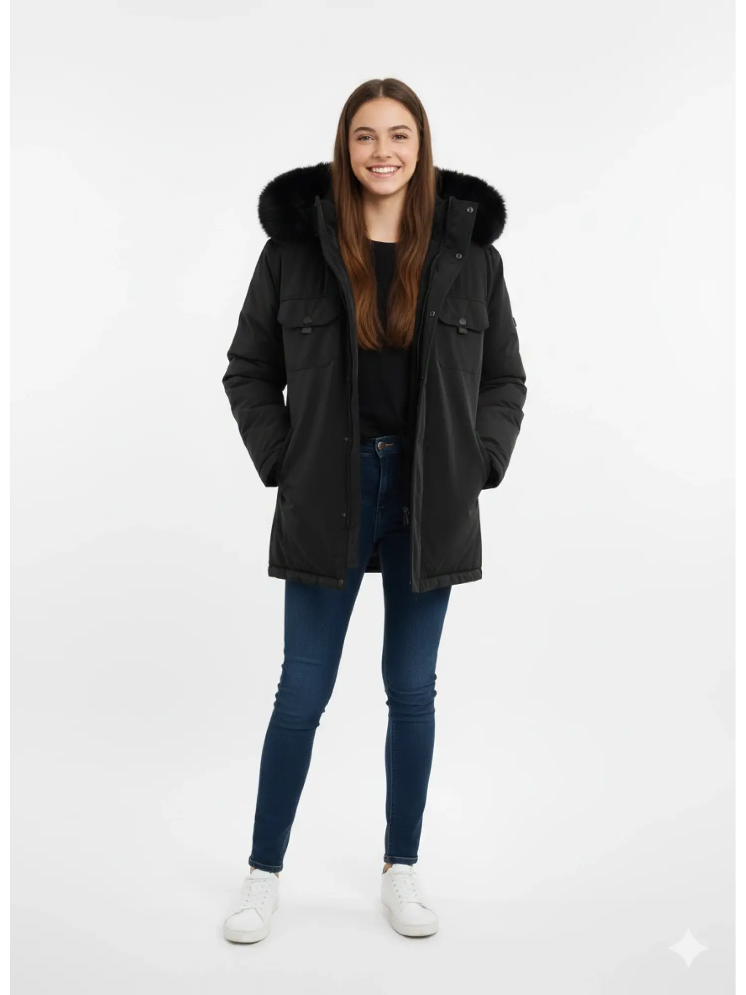 12-15 Yaş Kürklü Siyah Şişme Mont
