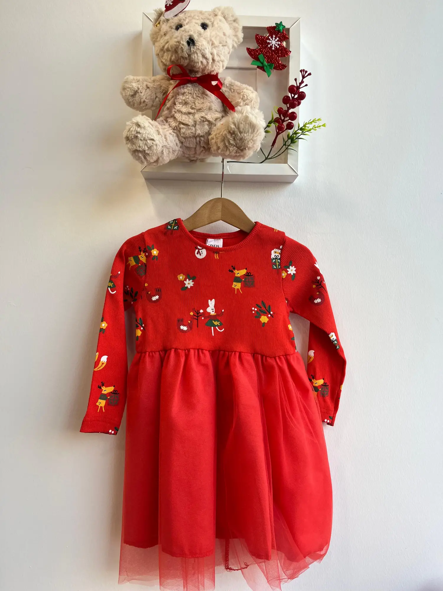 3-10 Yaş Kırmızı Çiçekli Noel Elbise