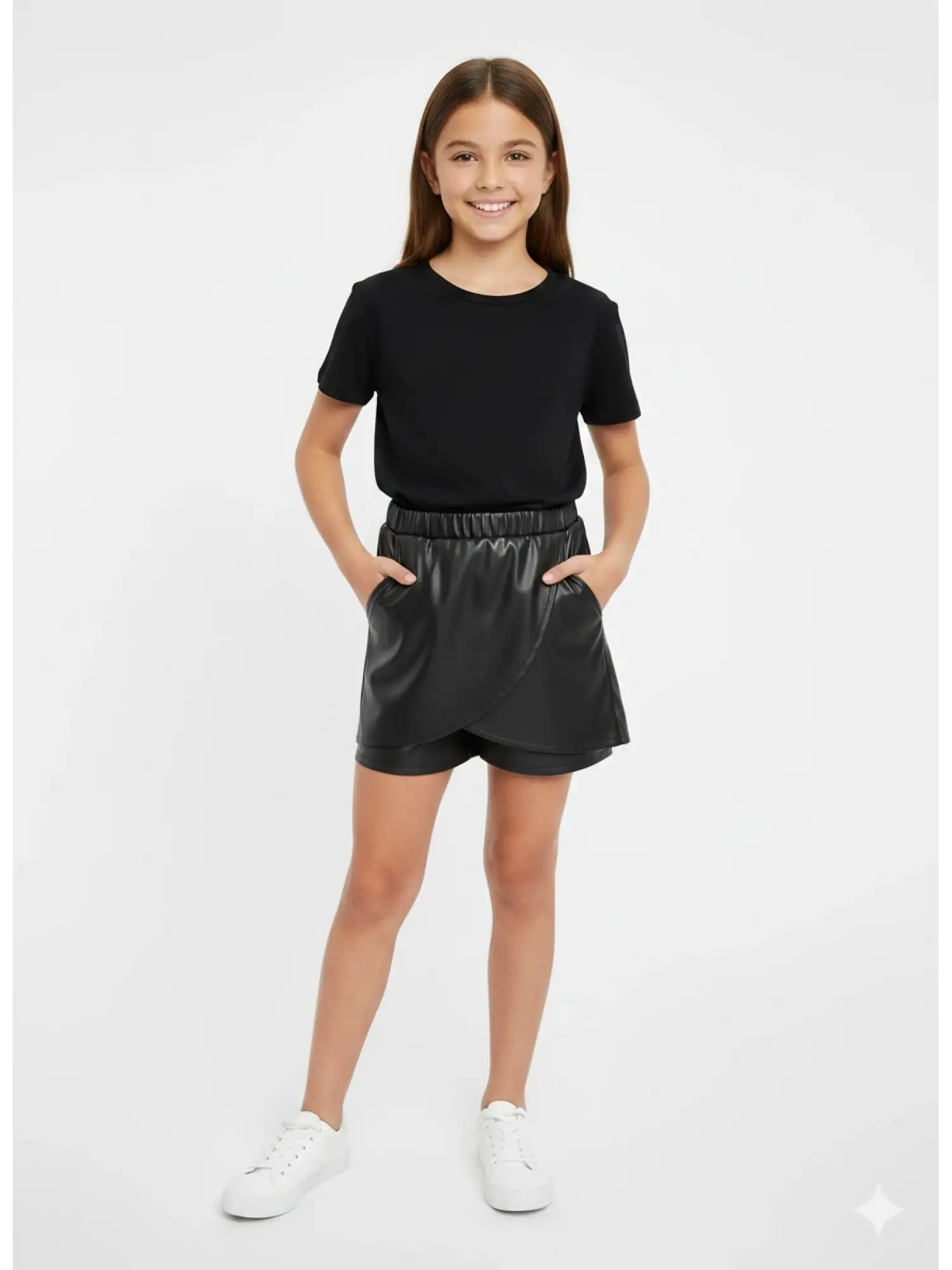 5-14 Yaş Siyah Deri Şort Etek