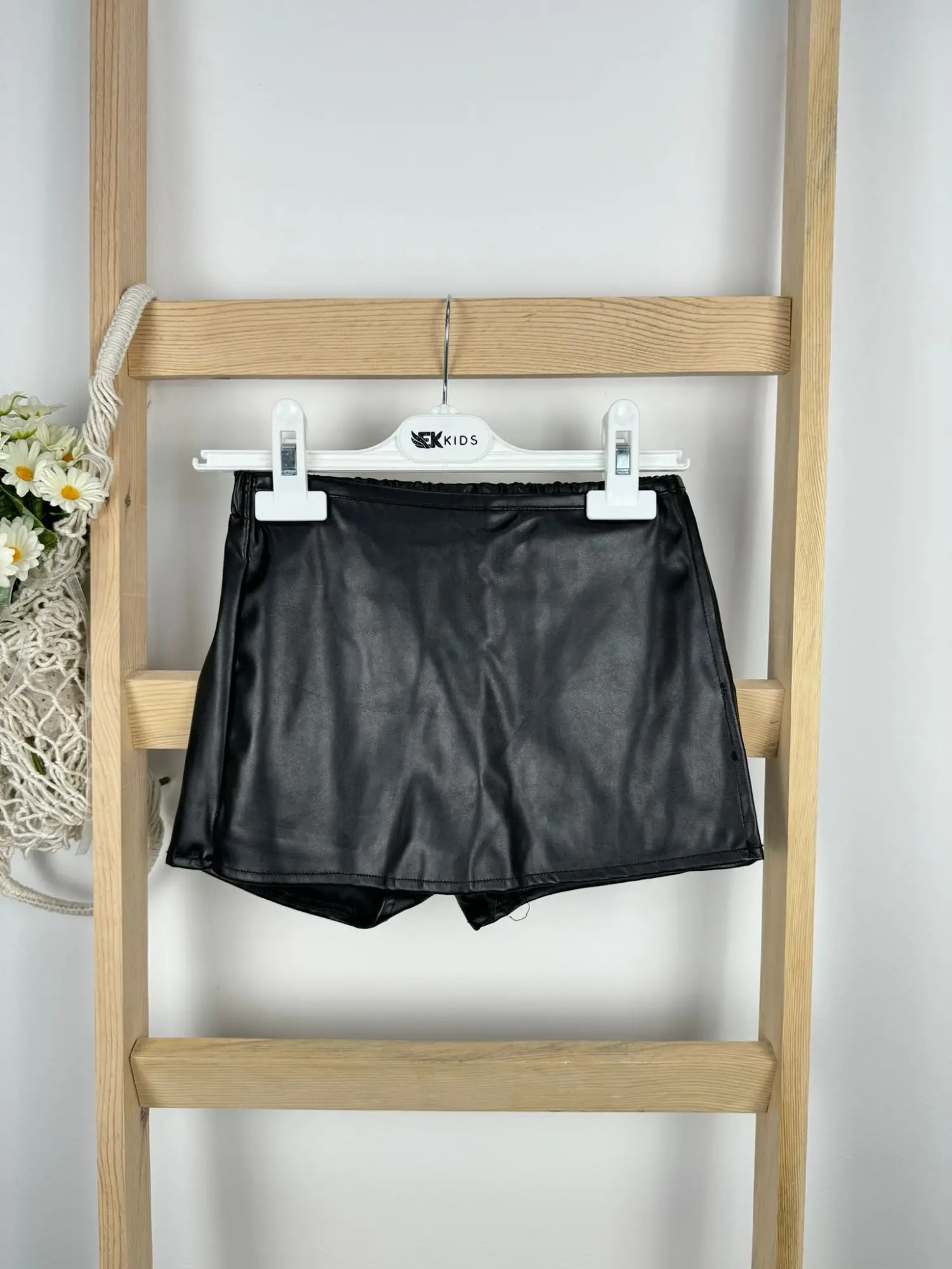 5-14 Yaş Siyah Deri Şort Etek