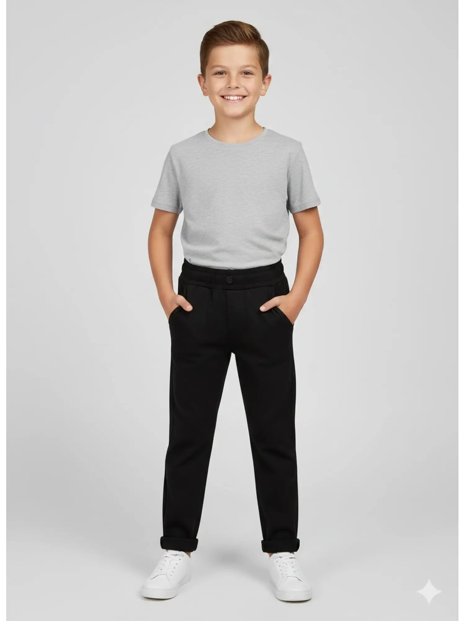 5-14 Yaş Siyah Düğmeli Bel Lastikli Pantolon