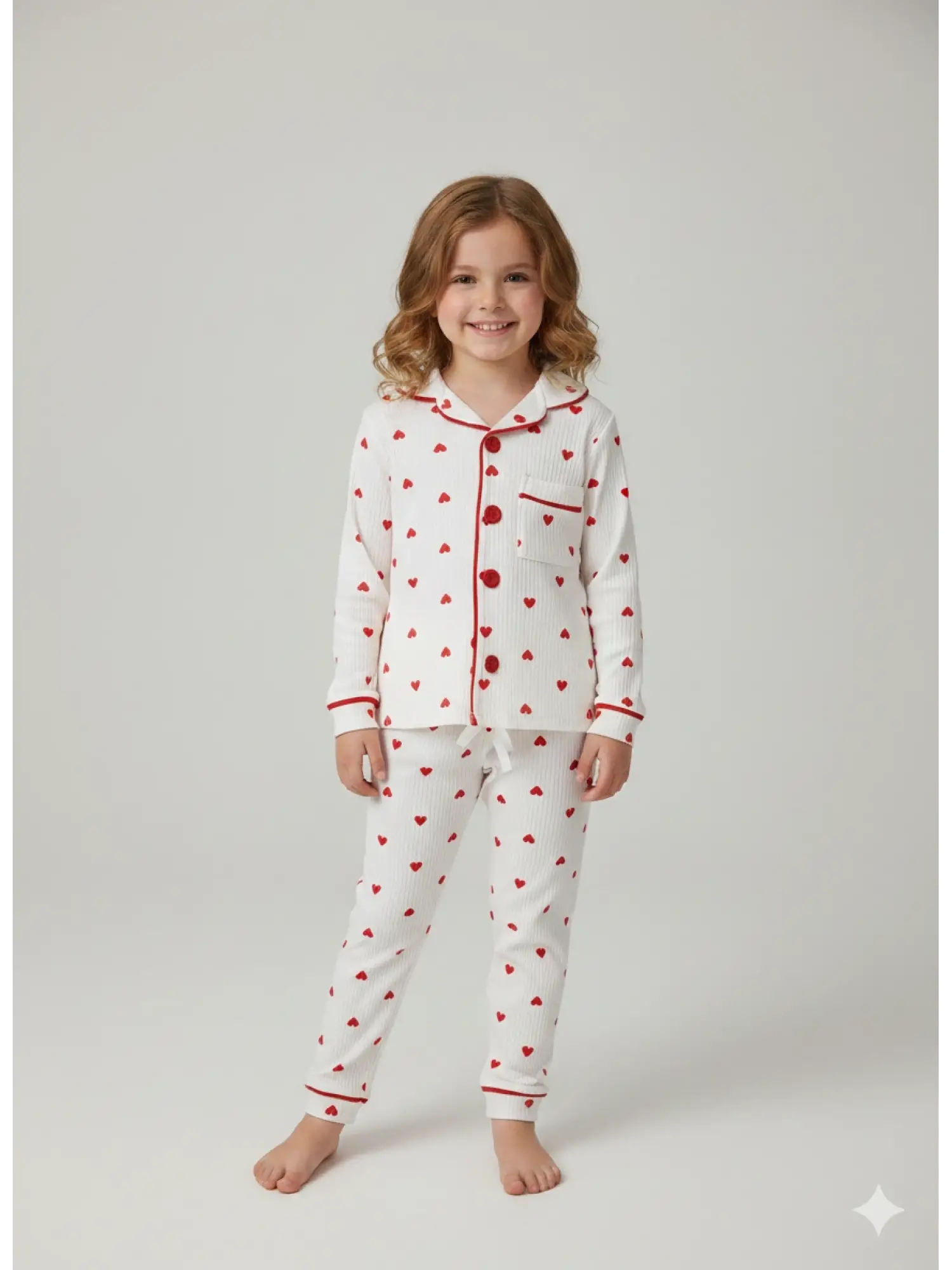 2-5 Yaş Kırmızı Kalp Desenli Pijama Takımı