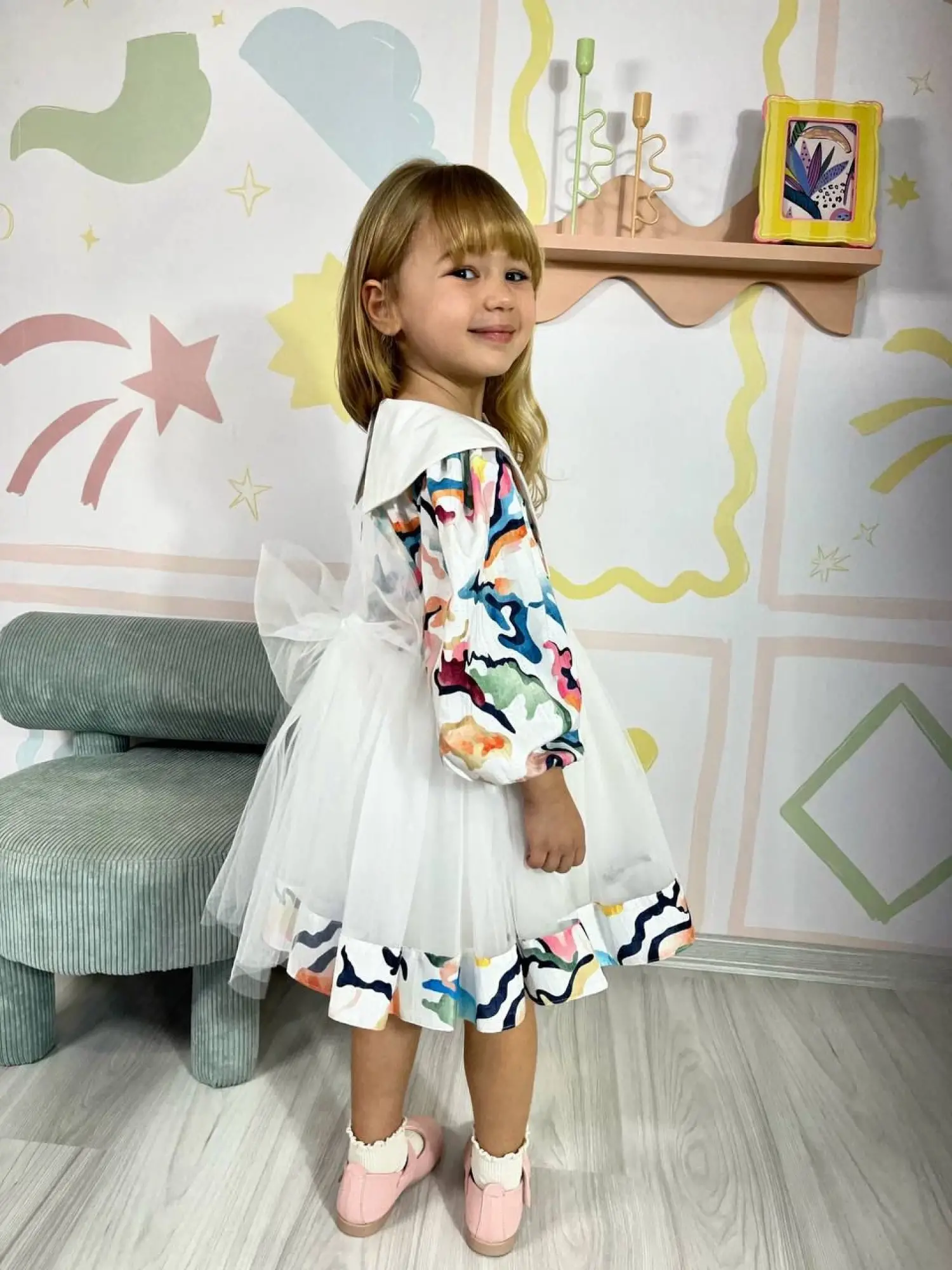 3-7 Yaş Desenli Tüllü Elbise