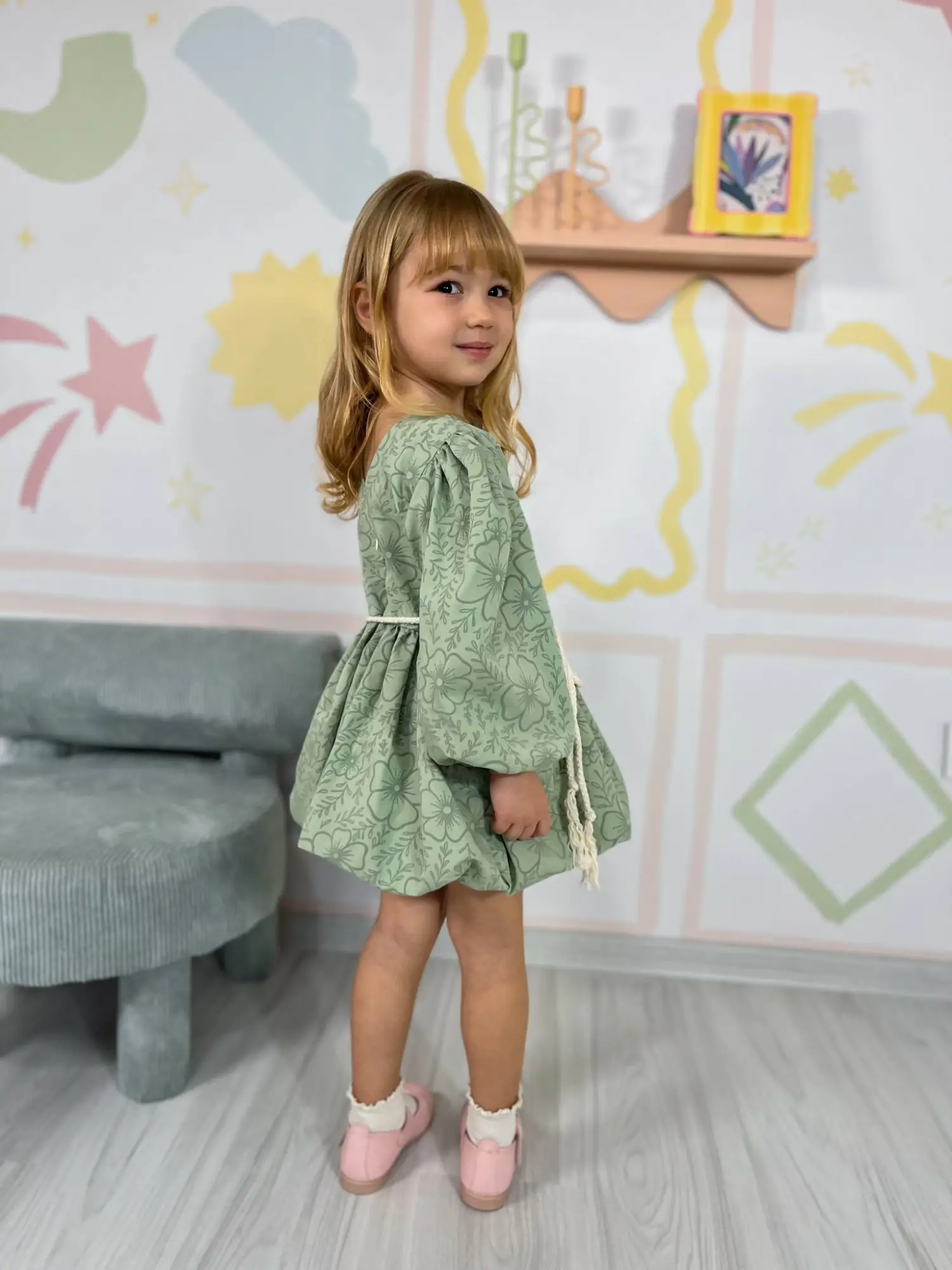 2-8 Yaş Yeşil Desenli Elbise