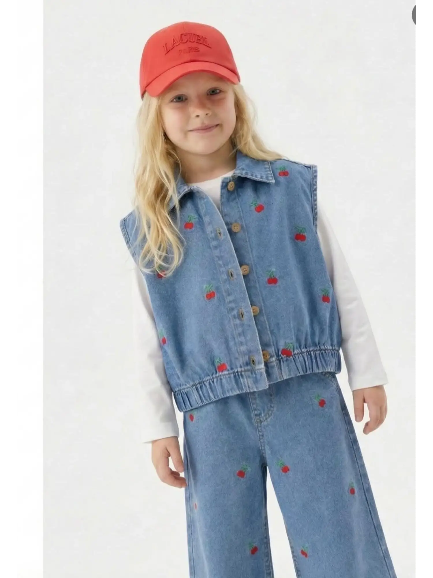 2-7 Yaş Kirazlı Kot Yelekli Takım