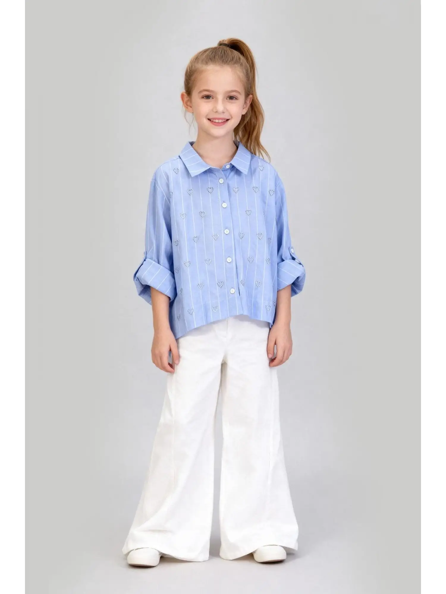 8-11 Yaş Mavi Çizgili Kalp İşlemeli Takım