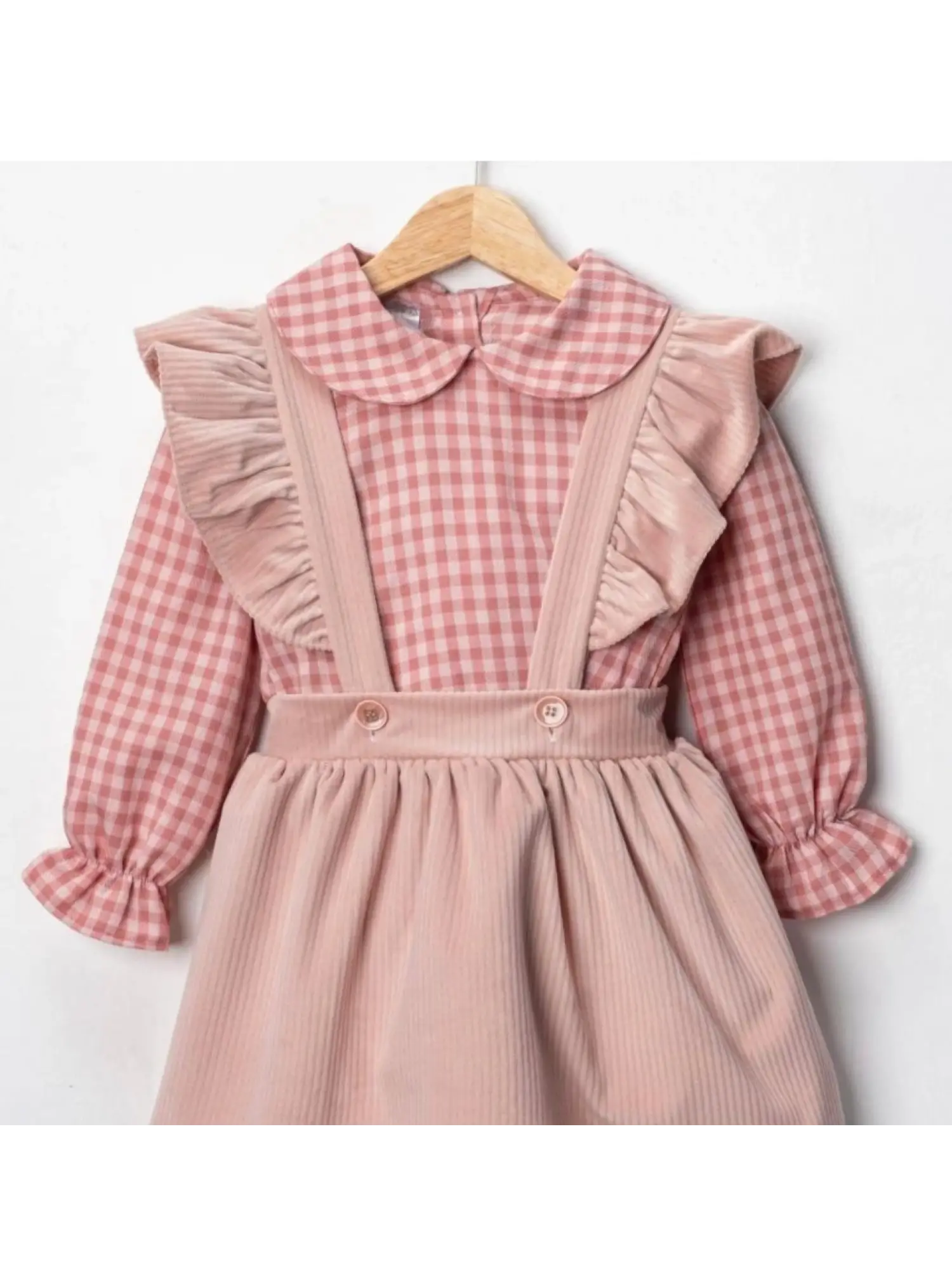 2-5 Yaş Pembe Kareli Gömlekli Salopet Elbise