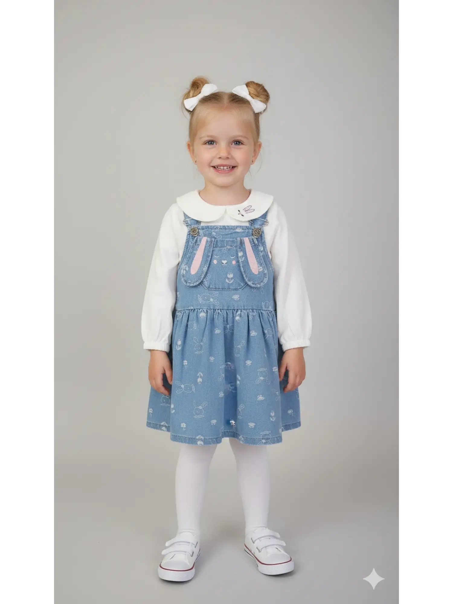 2-6 Yaş Tavşanlı Gömlekli Kot Elbise